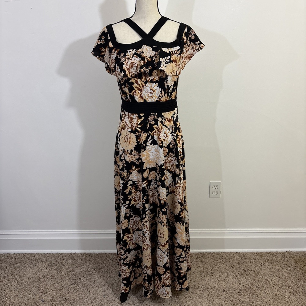 Cara Delvingne Maxi‎ Dress Brown Black Tan Floral Collab Cutout Brunch Vacation